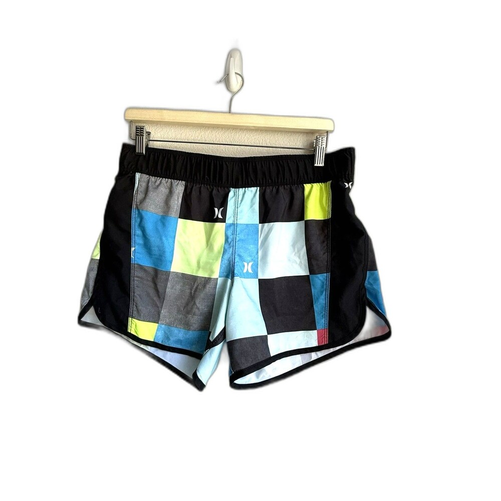 Hurley Board Shorts Women Size Medium Neon Multicolor Checkered Pattern Pocket